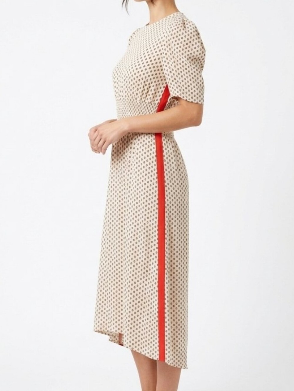 M&S Limited Edition Ivory Beige Orange Puff Sleeve Midi Dress Viscose Rayon 10